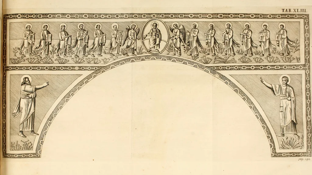 An illustration from Joannis Ciampini Romani, magistri brevium gratiae ... Opera, in tres tomos distributa : acesserunt eiusdem Ciampini opuscula quaedam selectiora : item appendix, seu notae, in quibus nonnulla post eius obitum innovata recensentur : ac demum auctoris vita, nunc primùm ipsius operibus addita, 1747, leaf 249