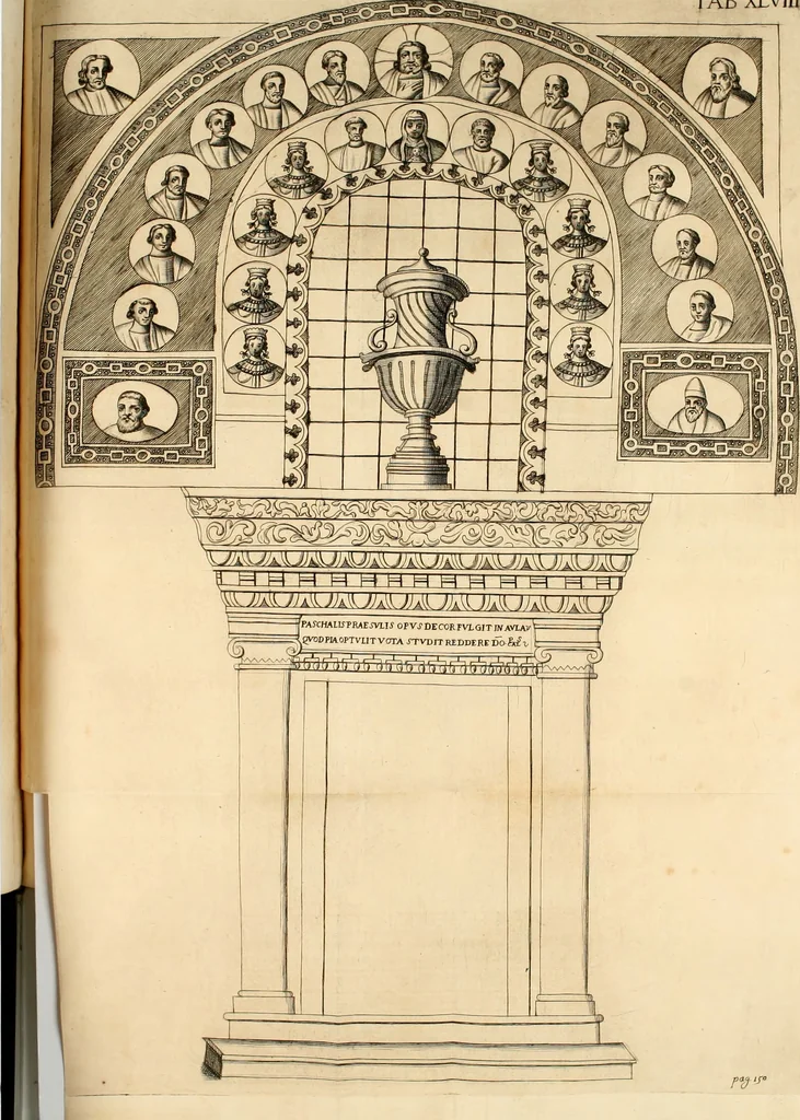 An illustration from Joannis Ciampini Romani, magistri brevium gratiae ... Opera, in tres tomos distributa : acesserunt eiusdem Ciampini opuscula quaedam selectiora : item appendix, seu notae, in quibus nonnulla post eius obitum innovata recensentur : ac demum auctoris vita, nunc primùm ipsius operibus addita, 1747, leaf 265