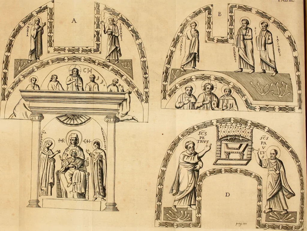 An illustration from Joannis Ciampini Romani, magistri brevium gratiae ... Opera, in tres tomos distributa : acesserunt eiusdem Ciampini opuscula quaedam selectiora : item appendix, seu notae, in quibus nonnulla post eius obitum innovata recensentur : ac demum auctoris vita, nunc primùm ipsius operibus addita, 1747, leaf 266