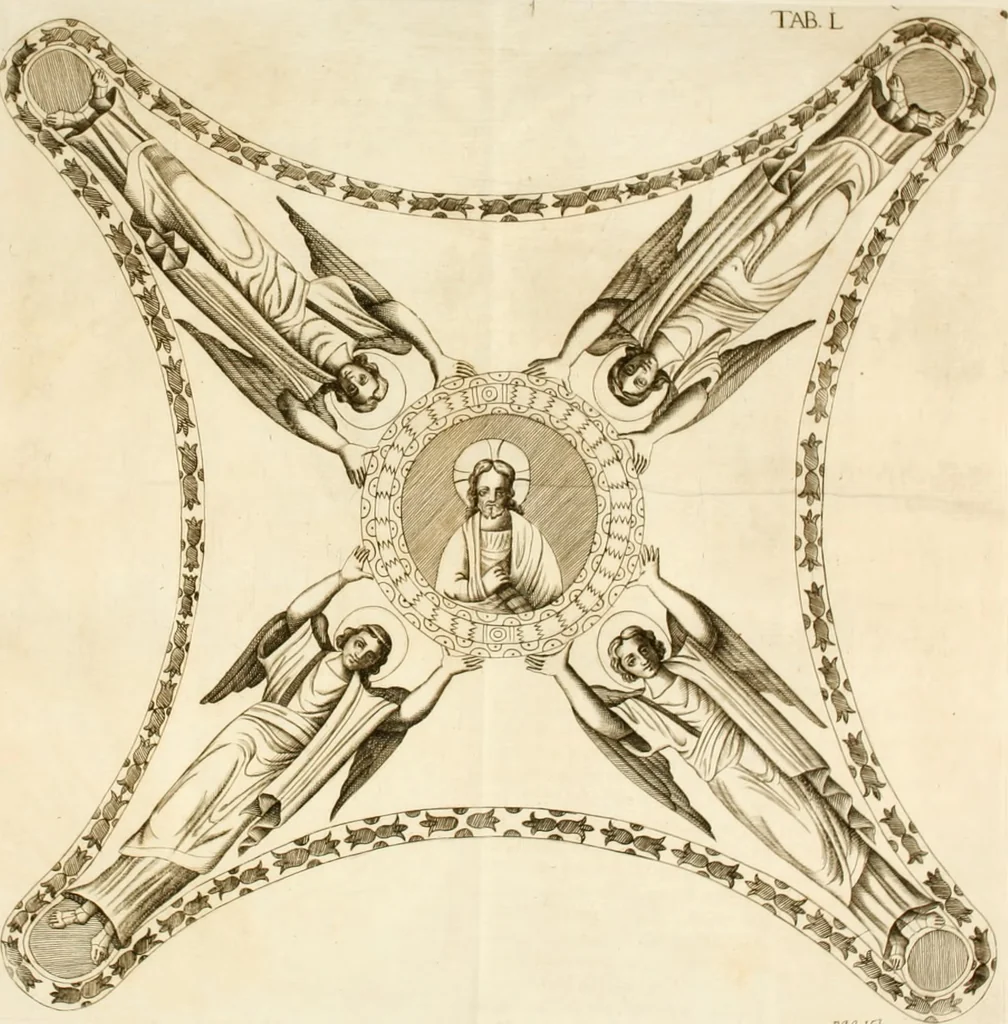 An illustration from Joannis Ciampini Romani, magistri brevium gratiae ... Opera, in tres tomos distributa : acesserunt eiusdem Ciampini opuscula quaedam selectiora : item appendix, seu notae, in quibus nonnulla post eius obitum innovata recensentur : ac demum auctoris vita, nunc primùm ipsius operibus addita, 1747, leaf 270