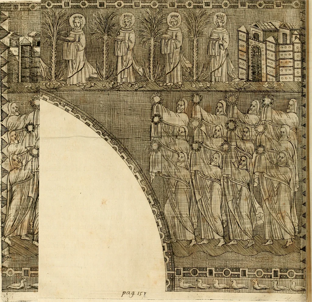 An illustration from Joannis Ciampini Romani, magistri brevium gratiae ... Opera, in tres tomos distributa : acesserunt eiusdem Ciampini opuscula quaedam selectiora : item appendix, seu notae, in quibus nonnulla post eius obitum innovata recensentur : ac demum auctoris vita, nunc primùm ipsius operibus addita, 1747, leaf 277