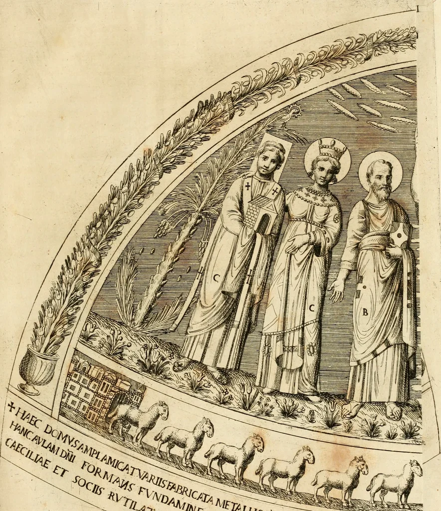 An illustration from Joannis Ciampini Romani, magistri brevium gratiae ... Opera, in tres tomos distributa : acesserunt eiusdem Ciampini opuscula quaedam selectiora : item appendix, seu notae, in quibus nonnulla post eius obitum innovata recensentur : ac demum auctoris vita, nunc primùm ipsius operibus addita, 1747, leaf 282