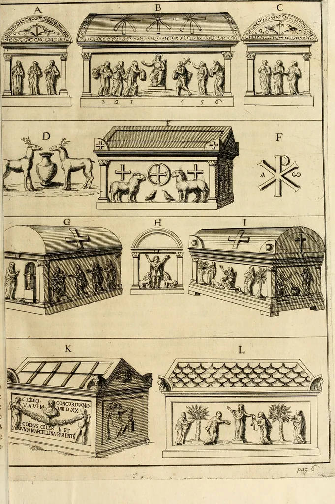 An illustration from Joannis Ciampini Romani, magistri brevium gratiae ... Opera, in tres tomos distributa : acesserunt eiusdem Ciampini opuscula quaedam selectiora : item appendix, seu notae, in quibus nonnulla post eius obitum innovata recensentur : ac demum auctoris vita, nunc primùm ipsius operibus addita, 1747, leaf 32