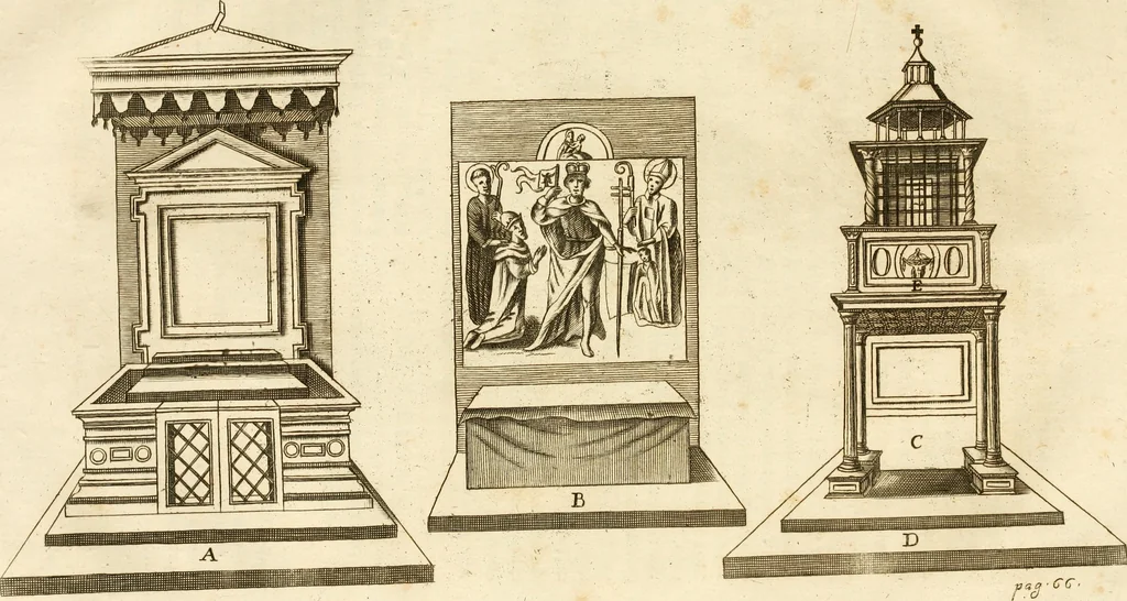 An illustration from Joannis Ciampini Romani, magistri brevium gratiae ... Opera, in tres tomos distributa : acesserunt eiusdem Ciampini opuscula quaedam selectiora : item appendix, seu notae, in quibus nonnulla post eius obitum innovata recensentur : ac demum auctoris vita, nunc primùm ipsius operibus addita, 1747, leaf 456