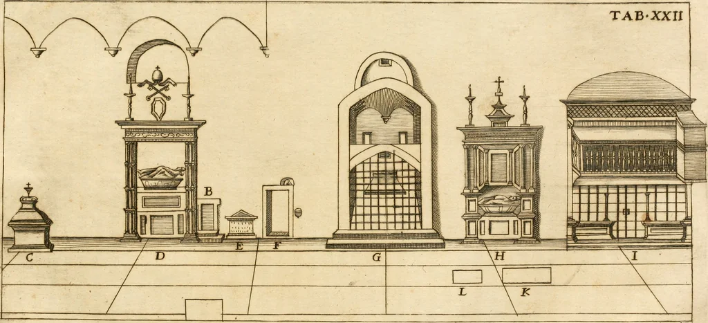 An illustration from Joannis Ciampini Romani, magistri brevium gratiae ... Opera, in tres tomos distributa : acesserunt eiusdem Ciampini opuscula quaedam selectiora : item appendix, seu notae, in quibus nonnulla post eius obitum innovata recensentur : ac demum auctoris vita, nunc primùm ipsius operibus addita, 1747, leaf 460
