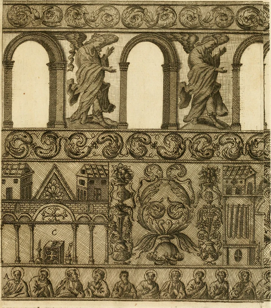 An illustration from Joannis Ciampini Romani, magistri brevium gratiae ... Opera, in tres tomos distributa : acesserunt eiusdem Ciampini opuscula quaedam selectiora : item appendix, seu notae, in quibus nonnulla post eius obitum innovata recensentur : ac demum auctoris vita, nunc primùm ipsius operibus addita, 1747, leaf 564