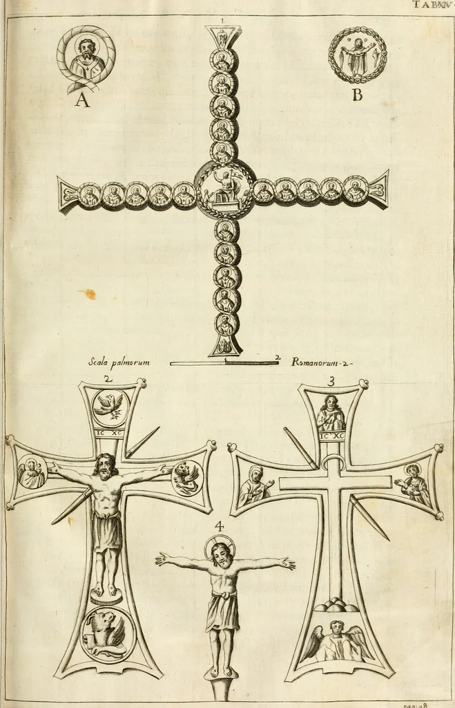 An illustration from Joannis Ciampini Romani, magistri brevium gratiae ... Opera, in tres tomos distributa : acesserunt eiusdem Ciampini opuscula quaedam selectiora : item appendix, seu notae, in quibus nonnulla post eius obitum innovata recensentur : ac demum auctoris vita, nunc primùm ipsius operibus addita, 1747, leaf 96