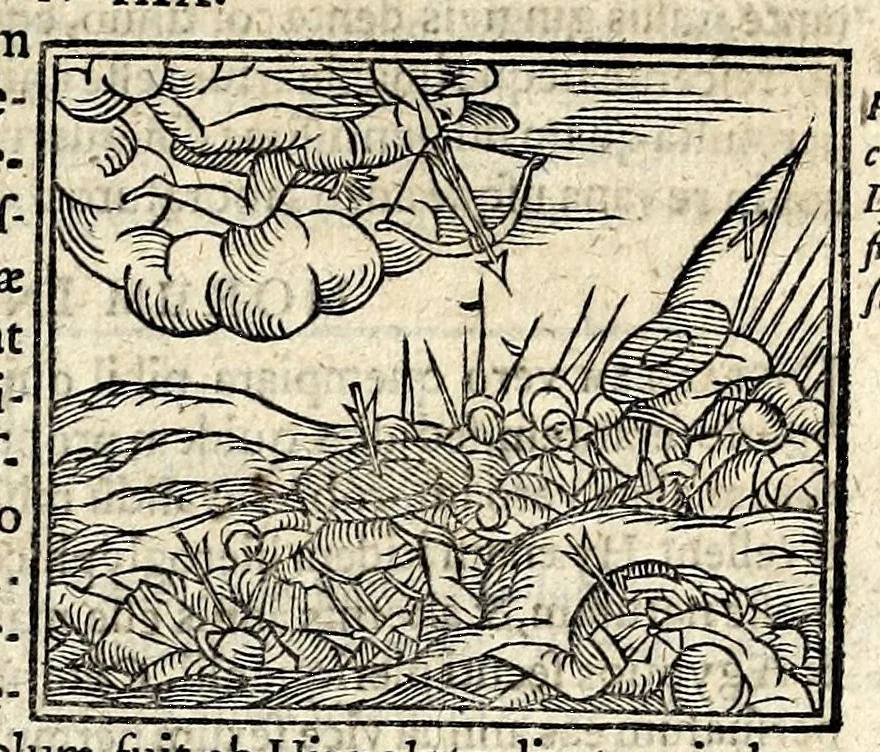 An illustration from Joannis Pierii Valeriani Bellunensis Hieroglyphica, sive, De sacris Aegyptiorum aliarumque gentium literis, commentariorum libri LVIII, duobus aliis ab eruditissimo viro annexis. Accesserunt loco auctarii, Hieroglyphicorum collectanea, ex veteribus & recentioribus auctoribus descripta, & in sex libros ordine alphabetico digesta; item Horapollinis Hieroglyphicorum libri duo ex postrema Davidis Hoeschelii correctione. Praeterea ejusdem Pierii Declamatiuncula pro barbis sacerdotum; De infelicitate literatorum libri duo; denique Antiquitatum Bellunensium sermones quatuor, 1678, leaf 205