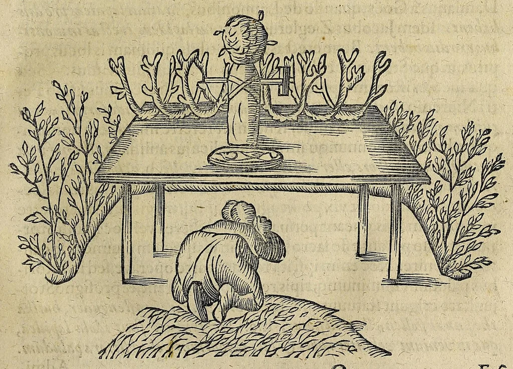 An illustration from Joannis Schefferi Argentoratensis Lapponia, id est, Regionis Lapponum et gentis nova et verissima descriptio : in qua multa de origine, superstitione, sacris magicis, victu, cultu, negotiis Lapponum, item animalium, metallorumque indole, quae in terris eorum proveniunt, hactenus incognita produntur, & eiconibus adjectis cum cura illustrantur, 1673, leaf 129