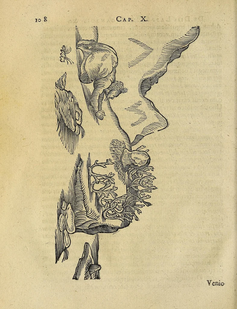 An illustration from Joannis Schefferi Argentoratensis Lapponia, id est, Regionis Lapponum et gentis nova et verissima descriptio : in qua multa de origine, superstitione, sacris magicis, victu, cultu, negotiis Lapponum, item animalium, metallorumque indole, quae in terris eorum proveniunt, hactenus incognita produntur, & eiconibus adjectis cum cura illustrantur, 1673, leaf 132