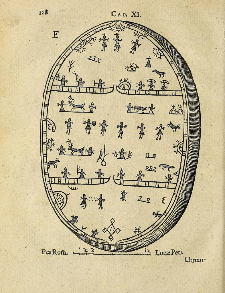 An illustration from Joannis Schefferi Argentoratensis Lapponia, id est, Regionis Lapponum et gentis nova et verissima descriptio : in qua multa de origine, superstitione, sacris magicis, victu, cultu, negotiis Lapponum, item animalium, metallorumque indole, quae in terris eorum proveniunt, hactenus incognita produntur, & eiconibus adjectis cum cura illustrantur, 1673, leaf 152