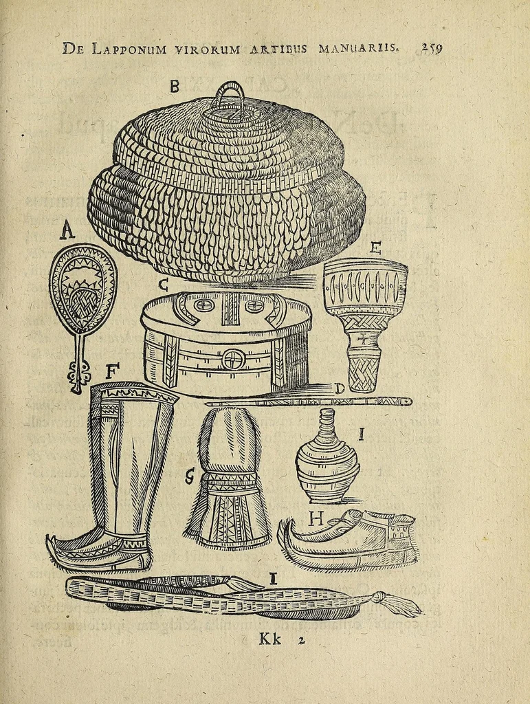 An illustration from Joannis Schefferi Argentoratensis Lapponia, id est, Regionis Lapponum et gentis nova et verissima descriptio : in qua multa de origine, superstitione, sacris magicis, victu, cultu, negotiis Lapponum, item animalium, metallorumque indole, quae in terris eorum proveniunt, hactenus incognita produntur, & eiconibus adjectis cum cura illustrantur, 1673, leaf 283