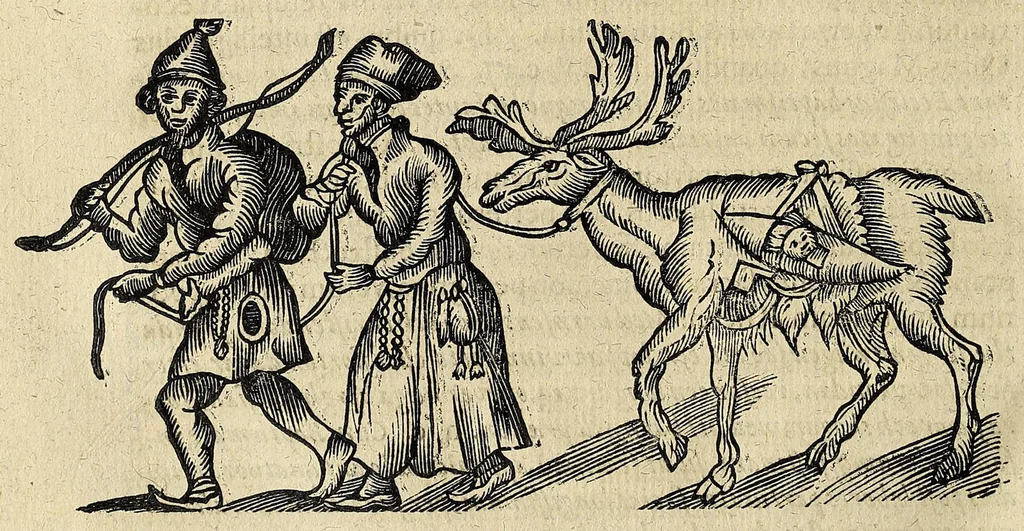 An illustration from Joannis Schefferi Argentoratensis Lapponia, id est, Regionis Lapponum et gentis nova et verissima descriptio : in qua multa de origine, superstitione, sacris magicis, victu, cultu, negotiis Lapponum, item animalium, metallorumque indole, quae in terris eorum proveniunt, hactenus incognita produntur, & eiconibus adjectis cum cura illustrantur, 1673, leaf 324