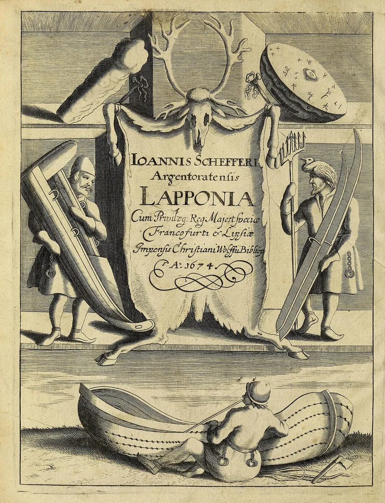 An illustration from Joannis Schefferi Argentoratensis Lapponia, id est, Regionis Lapponum et gentis nova et verissima descriptio : in qua multa de origine, superstitione, sacris magicis, victu, cultu, negotiis Lapponum, item animalium, metallorumque indole, quae in terris eorum proveniunt, hactenus incognita produntur, & eiconibus adjectis cum cura illustrantur, 1673, leaf 6