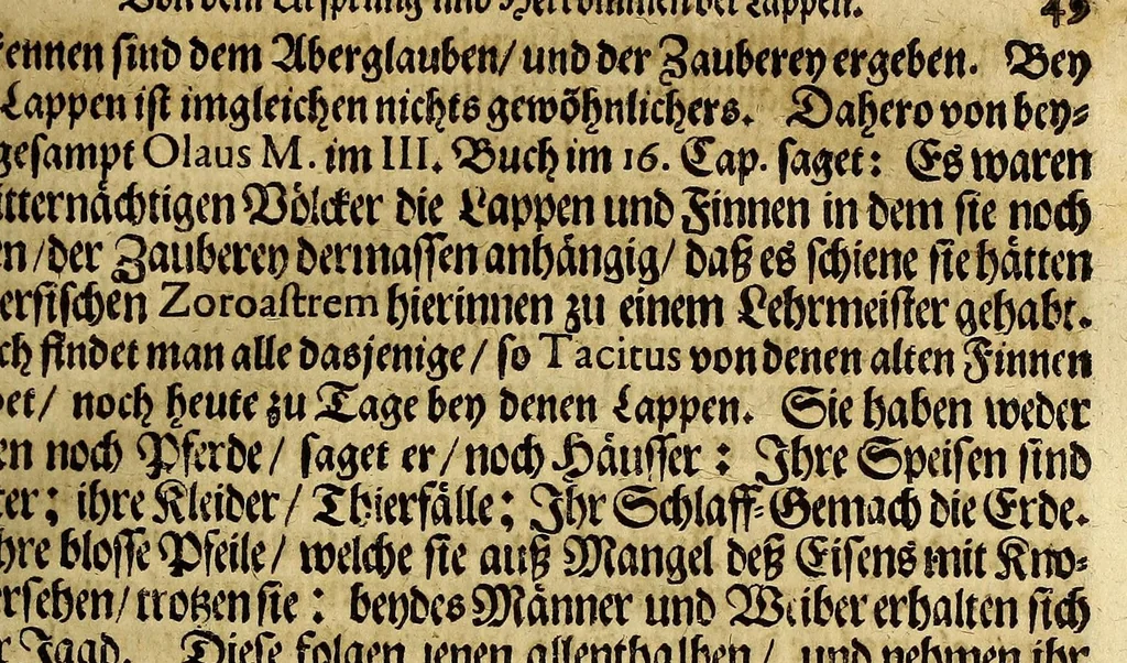 An illustration from Joannis SchefferI von Strassburg Lappland, : das ist: Neue und wahrhafftige Beschreibung von Lappland und dessen Einwohnern; worin viel bisshero unbekandte Sachen von der Lappen Ankunfft, Aberglauben, Zauberkünsten, Nahrung, Kleidern, Geschäfften, wie auch von den Thieren und Metallen so es in ihrem Lande giebet, erzählet, und mit unterschiedlichen Figuren fürgestellet worden, 1675, leaf 69