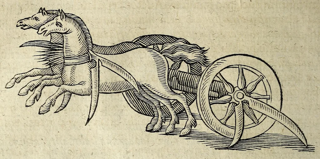 An illustration from Joannis Schefferi Argentoratensis De re vehiculari veterum libri duo. Accedit Pyrrhi Ligorii V.C. De vehiculis fragmentum : nunquam ante publicatum, ex bibliotheca Sereniss. Reg. Christinae, cum ejusdem I. Schefferi Arg. annotationibus, 1671, leaf 498