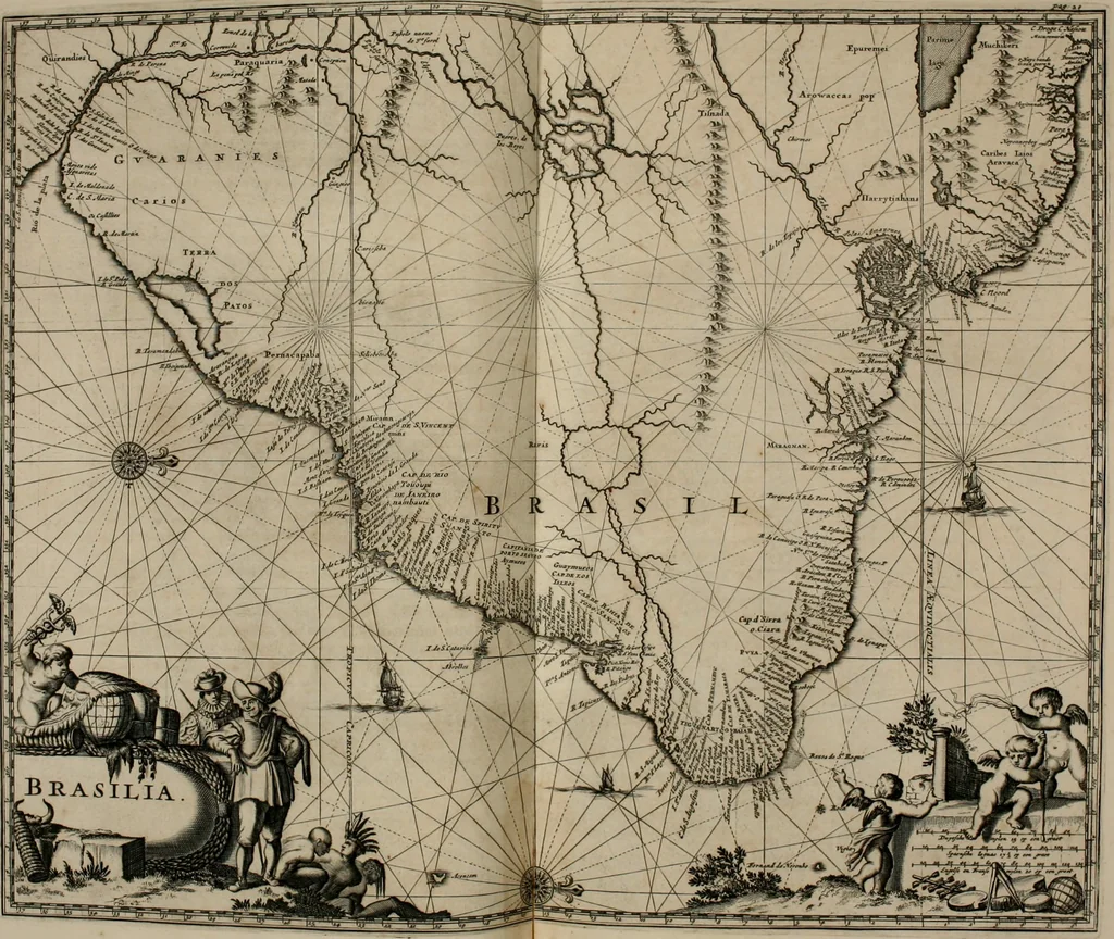 An illustration from Johan Nieuhofs Gedenkweerdige Brasiliaense zee- en lant- reize. : Behelzende al het geen op dezelve is voorgevallen. Beneffens een bondige beschrijving van gantsche Neerlants Brasil, zoo van lantschappen, steden, dieren, gewassen, als draghten, zeden en godsdienst der inwoonders: en ��inzonderheit ein wijtloopig verhael der merkwaardigste voorvallen en geschiedenissen, die zich, geduurende zijn negenjarigh verblijf in Brasil, in d'oorlogen en opstant der Portugesen tegen d'onzen, zich sedert het jaer 1640. tot 1649. hebben toegedragen. Door gaens verçiert met verscheide afbeeldingen, na't leven aldaer getekent, 1682, leaf 19
