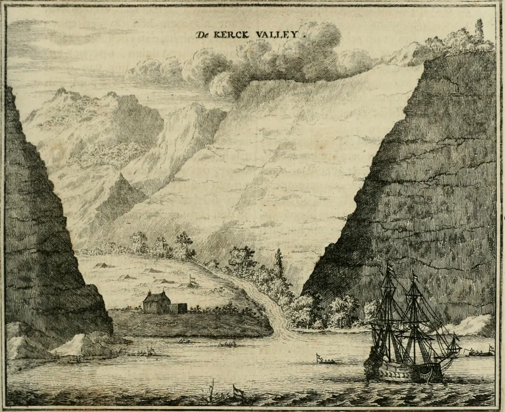 An illustration from Johan Nieuhofs Gedenkweerdige Brasiliaense zee- en lant- reize. : Behelzende al het geen op dezelve is voorgevallen. Beneffens een bondige beschrijving van gantsche Neerlants Brasil, zoo van lantschappen, steden, dieren, gewassen, als draghten, zeden en godsdienst der inwoonders: en ��inzonderheit ein wijtloopig verhael der merkwaardigste voorvallen en geschiedenissen, die zich, geduurende zijn negenjarigh verblijf in Brasil, in d'oorlogen en opstant der Portugesen tegen d'onzen, zich sedert het jaer 1640. tot 1649. hebben toegedragen. Door gaens verçiert met verscheide afbeeldingen, na't leven aldaer getekent, 1682, leaf 302