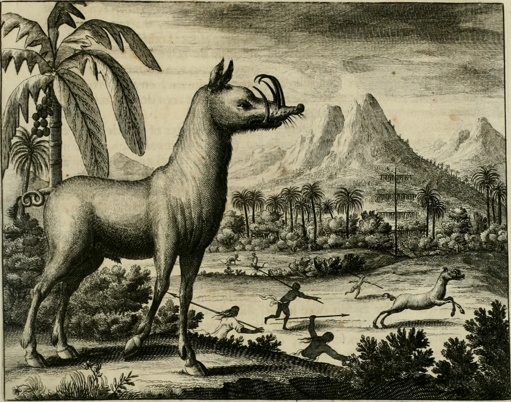 An illustration from Johan Nieuhofs Gedenkweerdige Brasiliaense zee- en lant- reize. : Behelzende al het geen op dezelve is voorgevallen. Beneffens een bondige beschrijving van gantsche Neerlants Brasil, zoo van lantschappen, steden, dieren, gewassen, als draghten, zeden en godsdienst der inwoonders: en ��inzonderheit ein wijtloopig verhael der merkwaardigste voorvallen en geschiedenissen, die zich, geduurende zijn negenjarigh verblijf in Brasil, in d'oorlogen en opstant der Portugesen tegen d'onzen, zich sedert het jaer 1640. tot 1649. hebben toegedragen. Door gaens verçiert met verscheide afbeeldingen, na't leven aldaer getekent, 1682, leaf 306