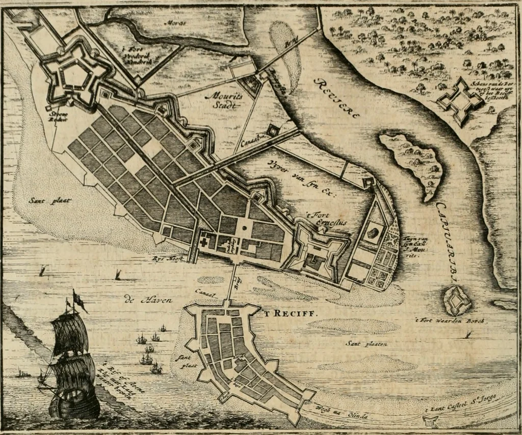 An illustration from Johan Nieuhofs Gedenkweerdige Brasiliaense zee- en lant- reize. : Behelzende al het geen op dezelve is voorgevallen. Beneffens een bondige beschrijving van gantsche Neerlants Brasil, zoo van lantschappen, steden, dieren, gewassen, als draghten, zeden en godsdienst der inwoonders: en ��inzonderheit ein wijtloopig verhael der merkwaardigste voorvallen en geschiedenissen, die zich, geduurende zijn negenjarigh verblijf in Brasil, in d'oorlogen en opstant der Portugesen tegen d'onzen, zich sedert het jaer 1640. tot 1649. hebben toegedragen. Door gaens verçiert met verscheide afbeeldingen, na't leven aldaer getekent, 1682, leaf 35