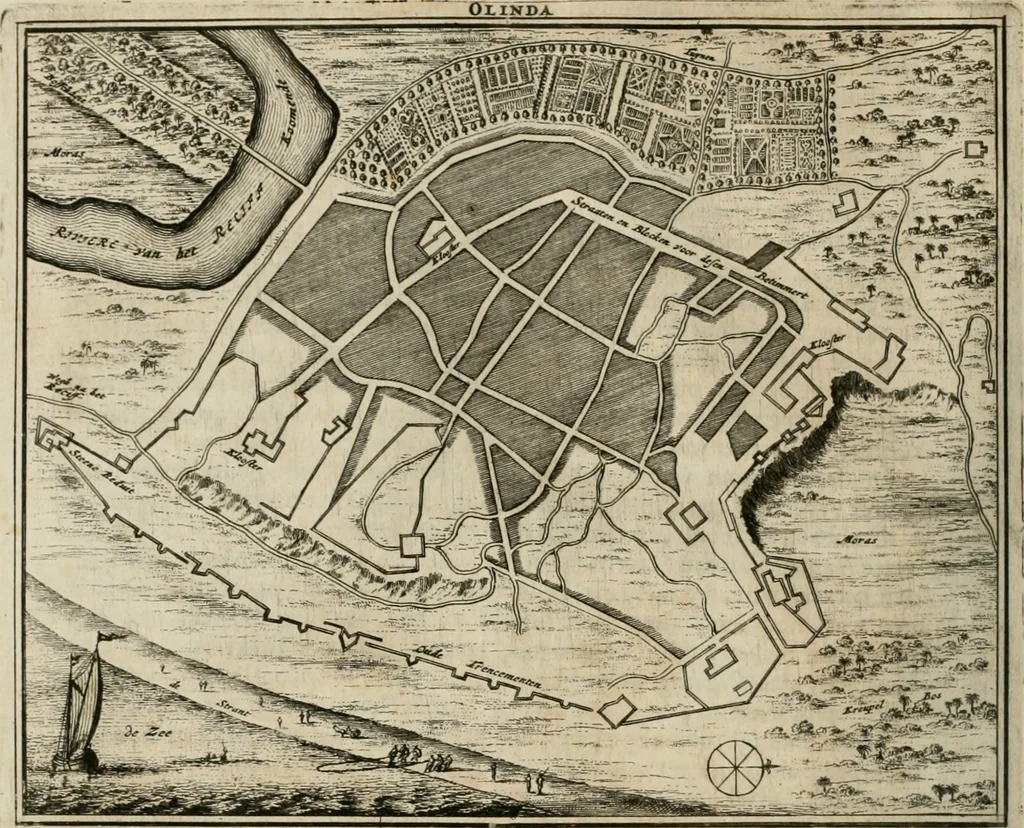 An illustration from Johan Nieuhofs Gedenkweerdige Brasiliaense zee- en lant- reize. : Behelzende al het geen op dezelve is voorgevallen. Beneffens een bondige beschrijving van gantsche Neerlants Brasil, zoo van lantschappen, steden, dieren, gewassen, als draghten, zeden en godsdienst der inwoonders: en ��inzonderheit ein wijtloopig verhael der merkwaardigste voorvallen en geschiedenissen, die zich, geduurende zijn negenjarigh verblijf in Brasil, in d'oorlogen en opstant der Portugesen tegen d'onzen, zich sedert het jaer 1640. tot 1649. hebben toegedragen. Door gaens verçiert met verscheide afbeeldingen, na't leven aldaer getekent, 1682, leaf 39