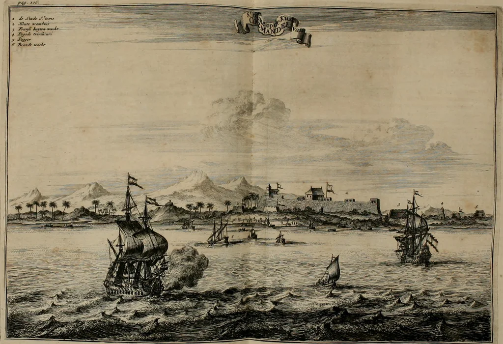 An illustration from Johan Nieuhofs Gedenkweerdige Brasiliaense zee- en lant- reize. : Behelzende al het geen op dezelve is voorgevallen. Beneffens een bondige beschrijving van gantsche Neerlants Brasil, zoo van lantschappen, steden, dieren, gewassen, als draghten, zeden en godsdienst der inwoonders: en ��inzonderheit ein wijtloopig verhael der merkwaardigste voorvallen en geschiedenissen, die zich, geduurende zijn negenjarigh verblijf in Brasil, in d'oorlogen en opstant der Portugesen tegen d'onzen, zich sedert het jaer 1640. tot 1649. hebben toegedragen. Door gaens verçiert met verscheide afbeeldingen, na't leven aldaer getekent, 1682, leaf 395