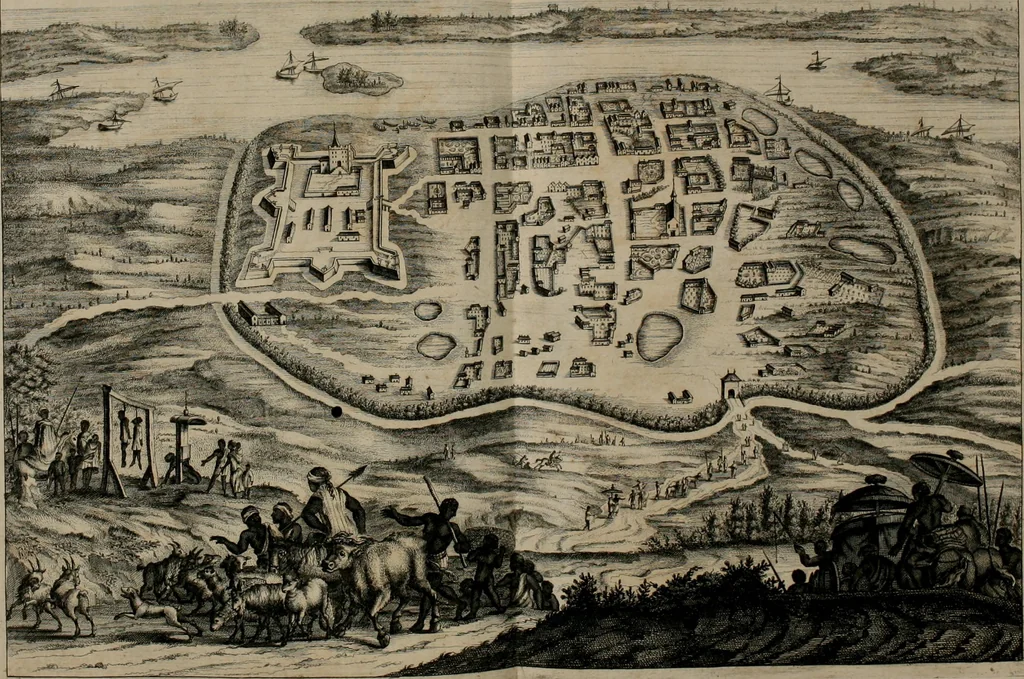 An illustration from Johan Nieuhofs Gedenkweerdige Brasiliaense zee- en lant- reize. : Behelzende al het geen op dezelve is voorgevallen. Beneffens een bondige beschrijving van gantsche Neerlants Brasil, zoo van lantschappen, steden, dieren, gewassen, als draghten, zeden en godsdienst der inwoonders: en ��inzonderheit ein wijtloopig verhael der merkwaardigste voorvallen en geschiedenissen, die zich, geduurende zijn negenjarigh verblijf in Brasil, in d'oorlogen en opstant der Portugesen tegen d'onzen, zich sedert het jaer 1640. tot 1649. hebben toegedragen. Door gaens verçiert met verscheide afbeeldingen, na't leven aldaer getekent, 1682, leaf 403