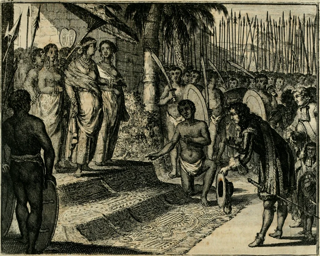 An illustration from Johan Nieuhofs Gedenkweerdige Brasiliaense zee- en lant- reize. : Behelzende al het geen op dezelve is voorgevallen. Beneffens een bondige beschrijving van gantsche Neerlants Brasil, zoo van lantschappen, steden, dieren, gewassen, als draghten, zeden en godsdienst der inwoonders: en ��inzonderheit ein wijtloopig verhael der merkwaardigste voorvallen en geschiedenissen, die zich, geduurende zijn negenjarigh verblijf in Brasil, in d'oorlogen en opstant der Portugesen tegen d'onzen, zich sedert het jaer 1640. tot 1649. hebben toegedragen. Door gaens verçiert met verscheide afbeeldingen, na't leven aldaer getekent, 1682, leaf 434