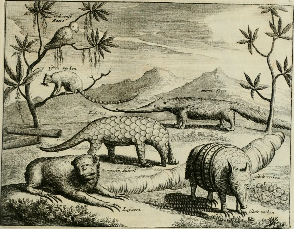 An illustration from Johan Nieuhofs Gedenkweerdige Brasiliaense zee- en lant- reize. : Behelzende al het geen op dezelve is voorgevallen. Beneffens een bondige beschrijving van gantsche Neerlants Brasil, zoo van lantschappen, steden, dieren, gewassen, als draghten, zeden en godsdienst der inwoonders: en ��inzonderheit ein wijtloopig verhael der merkwaardigste voorvallen en geschiedenissen, die zich, geduurende zijn negenjarigh verblijf in Brasil, in d'oorlogen en opstant der Portugesen tegen d'onzen, zich sedert het jaer 1640. tot 1649. hebben toegedragen. Door gaens verçiert met verscheide afbeeldingen, na't leven aldaer getekent, 1682, leaf 46