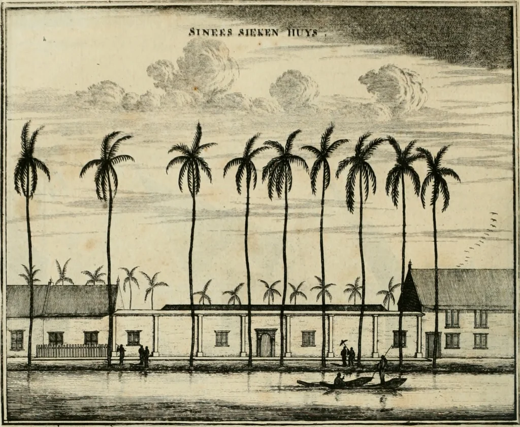 An illustration from Johan Nieuhofs Gedenkweerdige Brasiliaense zee- en lant- reize. : Behelzende al het geen op dezelve is voorgevallen. Beneffens een bondige beschrijving van gantsche Neerlants Brasil, zoo van lantschappen, steden, dieren, gewassen, als draghten, zeden en godsdienst der inwoonders: en ��inzonderheit ein wijtloopig verhael der merkwaardigste voorvallen en geschiedenissen, die zich, geduurende zijn negenjarigh verblijf in Brasil, in d'oorlogen en opstant der Portugesen tegen d'onzen, zich sedert het jaer 1640. tot 1649. hebben toegedragen. Door gaens verçiert met verscheide afbeeldingen, na't leven aldaer getekent, 1682, leaf 517