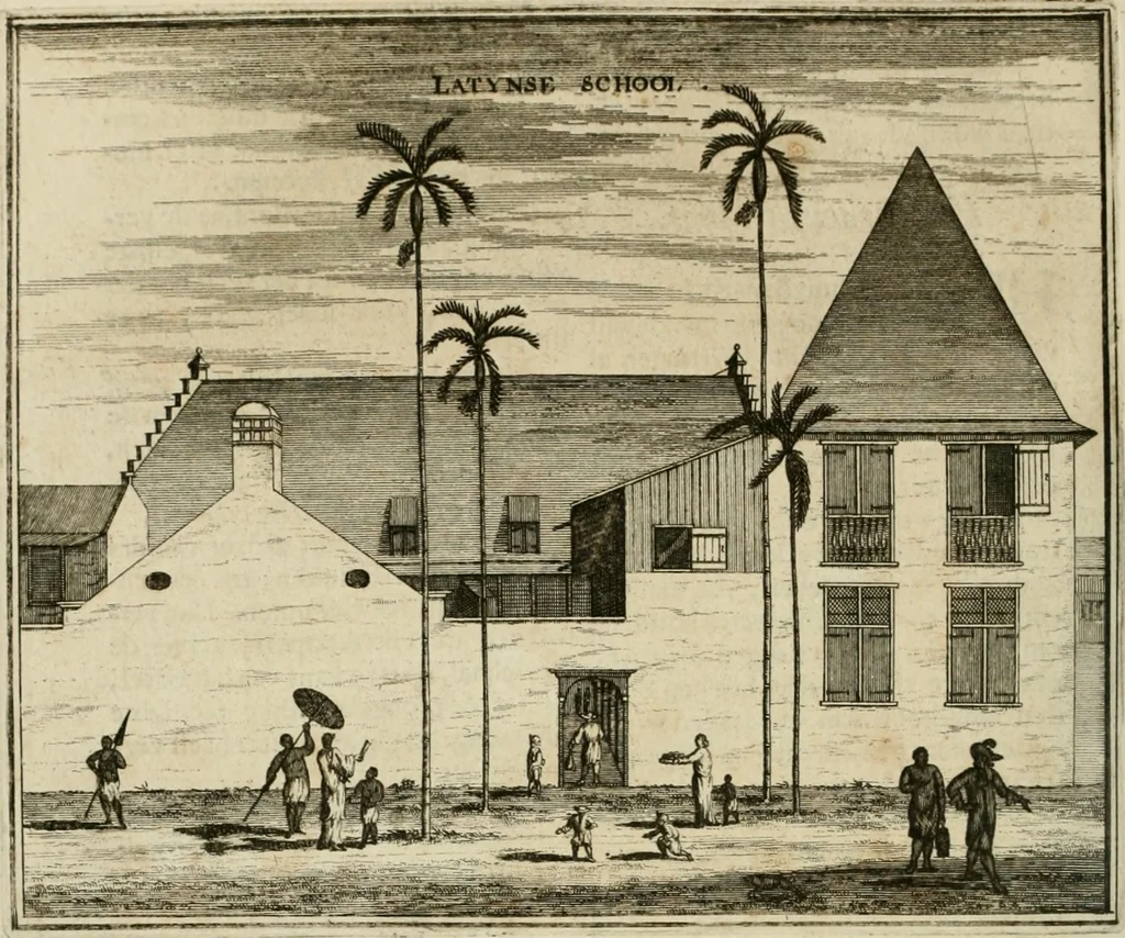 An illustration from Johan Nieuhofs Gedenkweerdige Brasiliaense zee- en lant- reize. : Behelzende al het geen op dezelve is voorgevallen. Beneffens een bondige beschrijving van gantsche Neerlants Brasil, zoo van lantschappen, steden, dieren, gewassen, als draghten, zeden en godsdienst der inwoonders: en ��inzonderheit ein wijtloopig verhael der merkwaardigste voorvallen en geschiedenissen, die zich, geduurende zijn negenjarigh verblijf in Brasil, in d'oorlogen en opstant der Portugesen tegen d'onzen, zich sedert het jaer 1640. tot 1649. hebben toegedragen. Door gaens verçiert met verscheide afbeeldingen, na't leven aldaer getekent, 1682, leaf 525