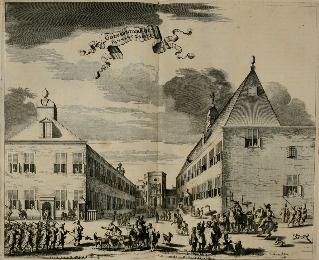 An illustration from Johan Nieuhofs Gedenkweerdige Brasiliaense zee- en lant- reize. : Behelzende al het geen op dezelve is voorgevallen. Beneffens een bondige beschrijving van gantsche Neerlants Brasil, zoo van lantschappen, steden, dieren, gewassen, als draghten, zeden en godsdienst der inwoonders: en ��inzonderheit ein wijtloopig verhael der merkwaardigste voorvallen en geschiedenissen, die zich, geduurende zijn negenjarigh verblijf in Brasil, in d'oorlogen en opstant der Portugesen tegen d'onzen, zich sedert het jaer 1640. tot 1649. hebben toegedragen. Door gaens verçiert met verscheide afbeeldingen, na't leven aldaer getekent, 1682, leaf 527