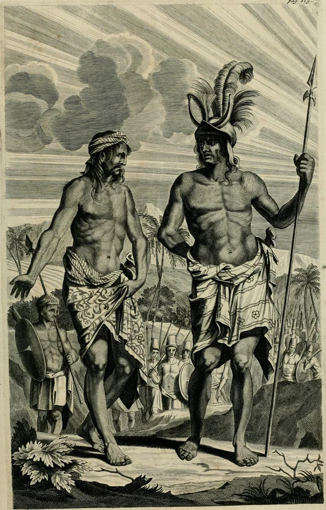 An illustration from Johan Nieuhofs Gedenkweerdige Brasiliaense zee- en lant- reize. : Behelzende al het geen op dezelve is voorgevallen. Beneffens een bondige beschrijving van gantsche Neerlants Brasil, zoo van lantschappen, steden, dieren, gewassen, als draghten, zeden en godsdienst der inwoonders: en ��inzonderheit ein wijtloopig verhael der merkwaardigste voorvallen en geschiedenissen, die zich, geduurende zijn negenjarigh verblijf in Brasil, in d'oorlogen en opstant der Portugesen tegen d'onzen, zich sedert het jaer 1640. tot 1649. hebben toegedragen. Door gaens verçiert met verscheide afbeeldingen, na't leven aldaer getekent, 1682, leaf 538