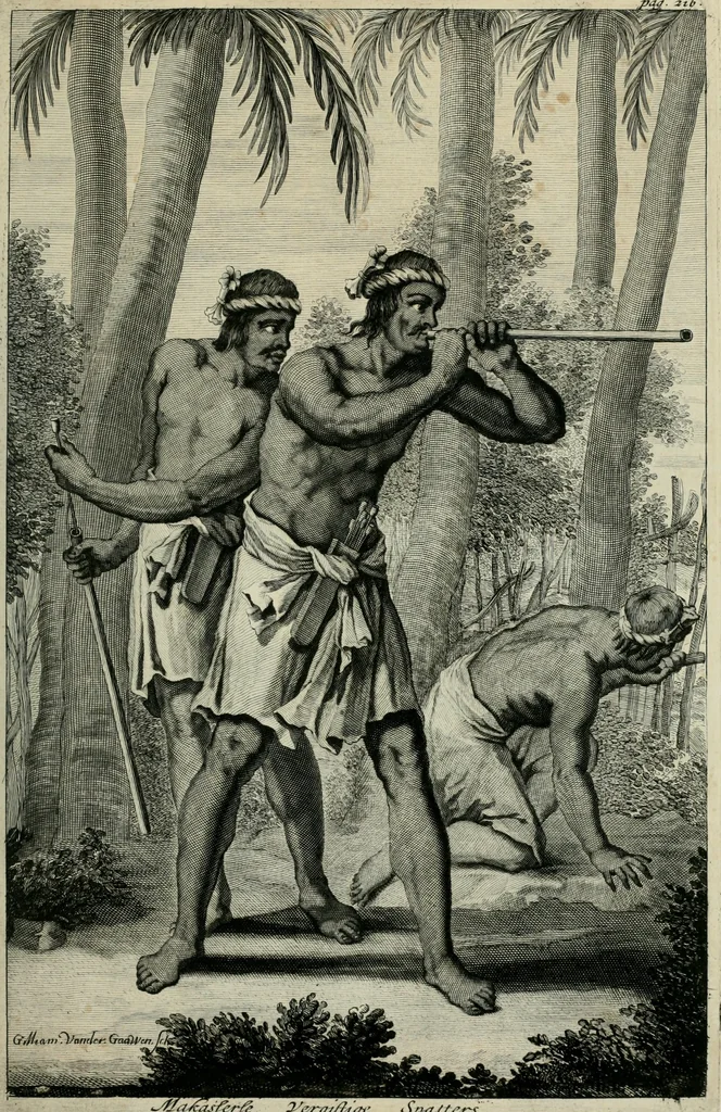 An illustration from Johan Nieuhofs Gedenkweerdige Brasiliaense zee- en lant- reize. : Behelzende al het geen op dezelve is voorgevallen. Beneffens een bondige beschrijving van gantsche Neerlants Brasil, zoo van lantschappen, steden, dieren, gewassen, als draghten, zeden en godsdienst der inwoonders: en ��inzonderheit ein wijtloopig verhael der merkwaardigste voorvallen en geschiedenissen, die zich, geduurende zijn negenjarigh verblijf in Brasil, in d'oorlogen en opstant der Portugesen tegen d'onzen, zich sedert het jaer 1640. tot 1649. hebben toegedragen. Door gaens verçiert met verscheide afbeeldingen, na't leven aldaer getekent, 1682, leaf 550