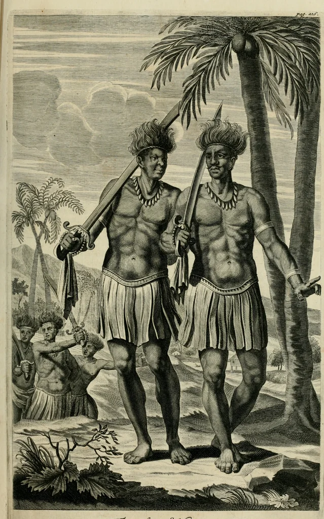 An illustration from Johan Nieuhofs Gedenkweerdige Brasiliaense zee- en lant- reize. : Behelzende al het geen op dezelve is voorgevallen. Beneffens een bondige beschrijving van gantsche Neerlants Brasil, zoo van lantschappen, steden, dieren, gewassen, als draghten, zeden en godsdienst der inwoonders: en ��inzonderheit ein wijtloopig verhael der merkwaardigste voorvallen en geschiedenissen, die zich, geduurende zijn negenjarigh verblijf in Brasil, in d'oorlogen en opstant der Portugesen tegen d'onzen, zich sedert het jaer 1640. tot 1649. hebben toegedragen. Door gaens verçiert met verscheide afbeeldingen, na't leven aldaer getekent, 1682, leaf 554