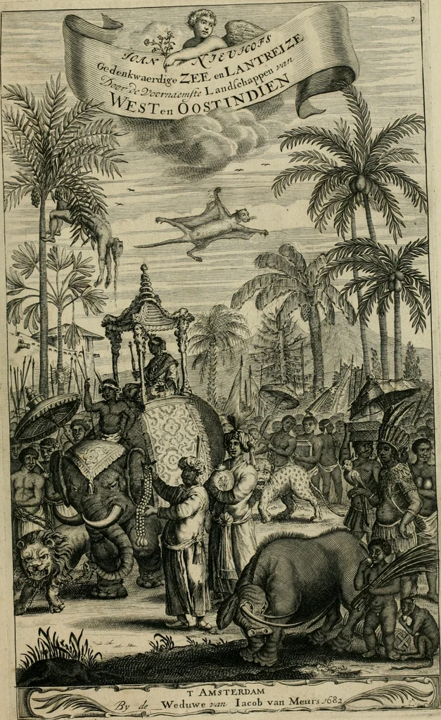 An illustration from Johan Nieuhofs Gedenkweerdige Brasiliaense zee- en lant- reize. : Behelzende al het geen op dezelve is voorgevallen. Beneffens een bondige beschrijving van gantsche Neerlants Brasil, zoo van lantschappen, steden, dieren, gewassen, als draghten, zeden en godsdienst der inwoonders: en ��inzonderheit ein wijtloopig verhael der merkwaardigste voorvallen en geschiedenissen, die zich, geduurende zijn negenjarigh verblijf in Brasil, in d'oorlogen en opstant der Portugesen tegen d'onzen, zich sedert het jaer 1640. tot 1649. hebben toegedragen. Door gaens verçiert met verscheide afbeeldingen, na't leven aldaer getekent, 1682, leaf 6