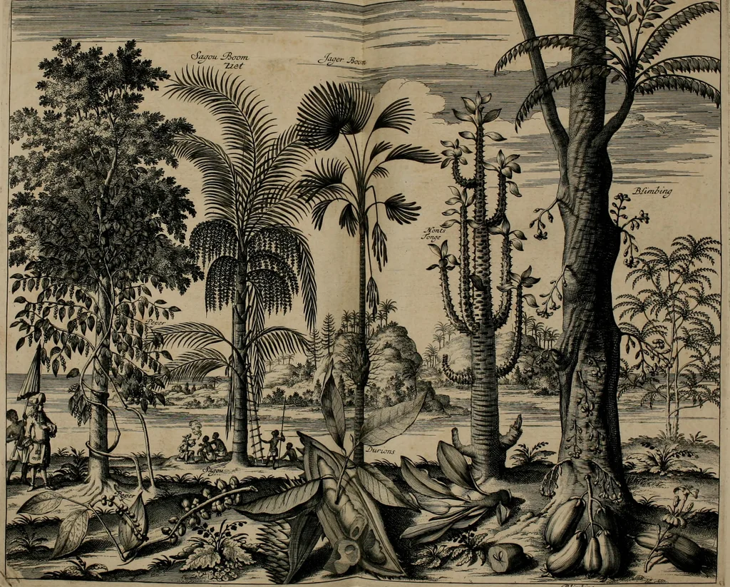 An illustration from Johan Nieuhofs Gedenkweerdige Brasiliaense zee- en lant- reize. : Behelzende al het geen op dezelve is voorgevallen. Beneffens een bondige beschrijving van gantsche Neerlants Brasil, zoo van lantschappen, steden, dieren, gewassen, als draghten, zeden en godsdienst der inwoonders: en ��inzonderheit ein wijtloopig verhael der merkwaardigste voorvallen en geschiedenissen, die zich, geduurende zijn negenjarigh verblijf in Brasil, in d'oorlogen en opstant der Portugesen tegen d'onzen, zich sedert het jaer 1640. tot 1649. hebben toegedragen. Door gaens verçiert met verscheide afbeeldingen, na't leven aldaer getekent, 1682, leaf 609