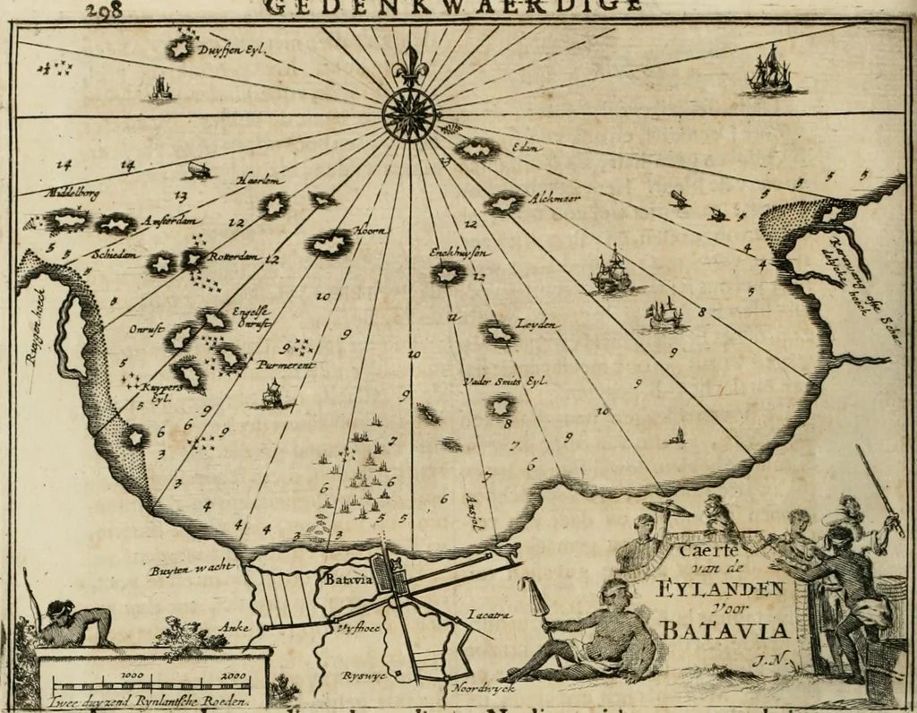 An illustration from Johan Nieuhofs Gedenkweerdige Brasiliaense zee- en lant- reize. : Behelzende al het geen op dezelve is voorgevallen. Beneffens een bondige beschrijving van gantsche Neerlants Brasil, zoo van lantschappen, steden, dieren, gewassen, als draghten, zeden en godsdienst der inwoonders: en ��inzonderheit ein wijtloopig verhael der merkwaardigste voorvallen en geschiedenissen, die zich, geduurende zijn negenjarigh verblijf in Brasil, in d'oorlogen en opstant der Portugesen tegen d'onzen, zich sedert het jaer 1640. tot 1649. hebben toegedragen. Door gaens verçiert met verscheide afbeeldingen, na't leven aldaer getekent, 1682, leaf 655