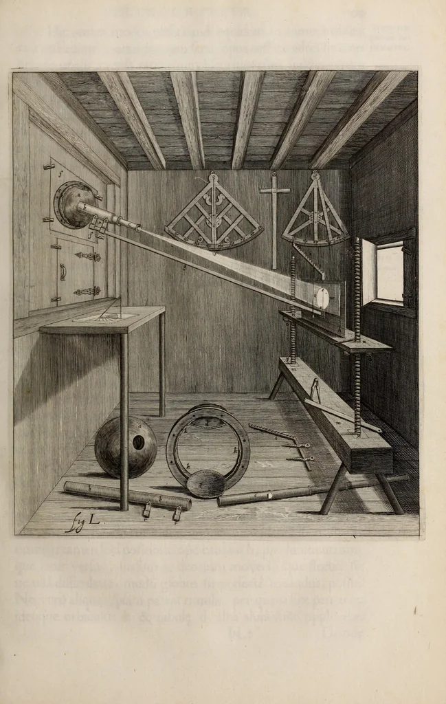 An illustration from Johannis Hevelii Selenographia, sive, Lunae descriptio : atque accurata, tam macularum ejus, quam motuum diversorum, aliarumque omnium vicissitudinum, phasiumque, telescopii ope deprehensarum, delineatio in quâ simul caeterorum omnium planetarum nativa facies, variaeque observationes, praesertim autem macularum solarium, atque jovialium, tubospicillo acquisitae, figuris accuratissimè aeri incisis, sub aspectum ponuntur : nec non quamplurimae astronomicae, opticae, physicaeque quaestiones proponuntur atque resolvuntur : addita est, lentes expoliendi nova ratio : ut et telescopia diversa construendi, et experiendi, horumq; adminiculo, varias observationes coelestes, inprimis quidem eclipsium, cùm solarium, tum lunarium, exquisitè instituendi, itemq diametros stellarum veras, viâ infallibili, determinandi methodus : eoq; quicquid praeterea circa ejusmodi observationes animadverti debet, perspicuè explicatur. --, 1647, leaf 153
