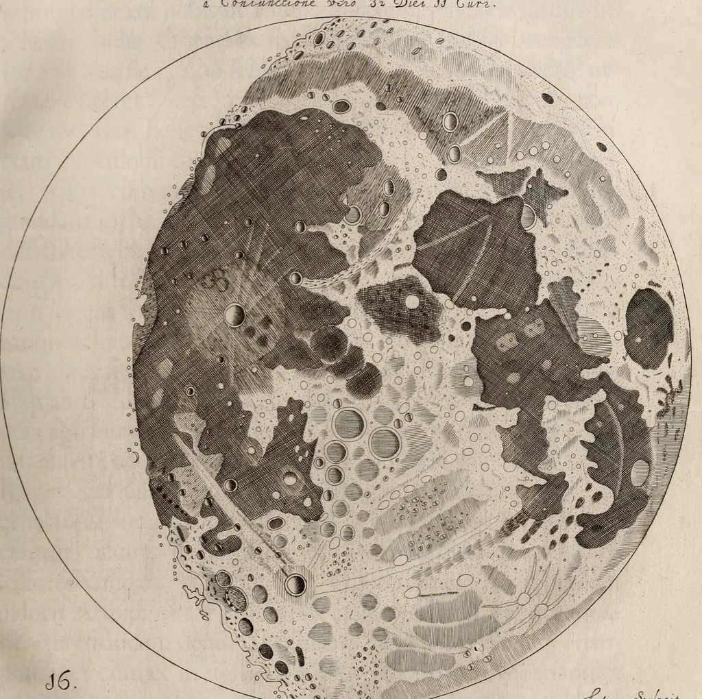 An illustration from Johannis Hevelii Selenographia, sive, Lunae descriptio : atque accurata, tam macularum ejus, quam motuum diversorum, aliarumque omnium vicissitudinum, phasiumque, telescopii ope deprehensarum, delineatio in quâ simul caeterorum omnium planetarum nativa facies, variaeque observationes, praesertim autem macularum solarium, atque jovialium, tubospicillo acquisitae, figuris accuratissimè aeri incisis, sub aspectum ponuntur : nec non quamplurimae astronomicae, opticae, physicaeque quaestiones proponuntur atque resolvuntur : addita est, lentes expoliendi nova ratio : ut et telescopia diversa construendi, et experiendi, horumq; adminiculo, varias observationes coelestes, inprimis quidem eclipsium, cùm solarium, tum lunarium, exquisitè instituendi, itemq diametros stellarum veras, viâ infallibili, determinandi methodus : eoq; quicquid praeterea circa ejusmodi observationes animadverti debet, perspicuè explicatur. --, 1647, leaf 433