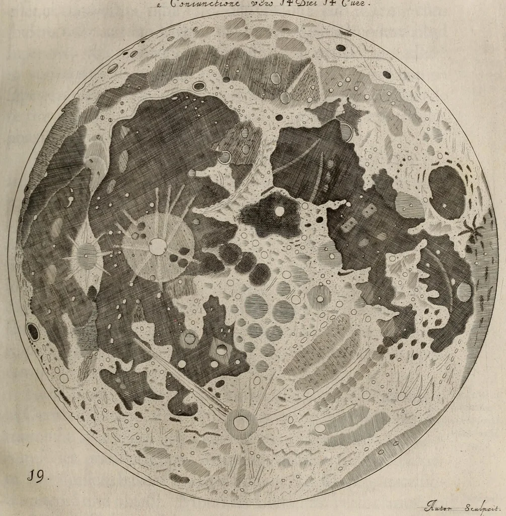 An illustration from Johannis Hevelii Selenographia, sive, Lunae descriptio : atque accurata, tam macularum ejus, quam motuum diversorum, aliarumque omnium vicissitudinum, phasiumque, telescopii ope deprehensarum, delineatio in quâ simul caeterorum omnium planetarum nativa facies, variaeque observationes, praesertim autem macularum solarium, atque jovialium, tubospicillo acquisitae, figuris accuratissimè aeri incisis, sub aspectum ponuntur : nec non quamplurimae astronomicae, opticae, physicaeque quaestiones proponuntur atque resolvuntur : addita est, lentes expoliendi nova ratio : ut et telescopia diversa construendi, et experiendi, horumq; adminiculo, varias observationes coelestes, inprimis quidem eclipsium, cùm solarium, tum lunarium, exquisitè instituendi, itemq diametros stellarum veras, viâ infallibili, determinandi methodus : eoq; quicquid praeterea circa ejusmodi observationes animadverti debet, perspicuè explicatur. --, 1647, leaf 447