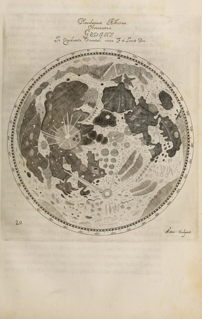 An illustration from Johannis Hevelii Selenographia, sive, Lunae descriptio : atque accurata, tam macularum ejus, quam motuum diversorum, aliarumque omnium vicissitudinum, phasiumque, telescopii ope deprehensarum, delineatio in quâ simul caeterorum omnium planetarum nativa facies, variaeque observationes, praesertim autem macularum solarium, atque jovialium, tubospicillo acquisitae, figuris accuratissimè aeri incisis, sub aspectum ponuntur : nec non quamplurimae astronomicae, opticae, physicaeque quaestiones proponuntur atque resolvuntur : addita est, lentes expoliendi nova ratio : ut et telescopia diversa construendi, et experiendi, horumq; adminiculo, varias observationes coelestes, inprimis quidem eclipsium, cùm solarium, tum lunarium, exquisitè instituendi, itemq diametros stellarum veras, viâ infallibili, determinandi methodus : eoq; quicquid praeterea circa ejusmodi observationes animadverti debet, perspicuè explicatur. --, 1647, leaf 451