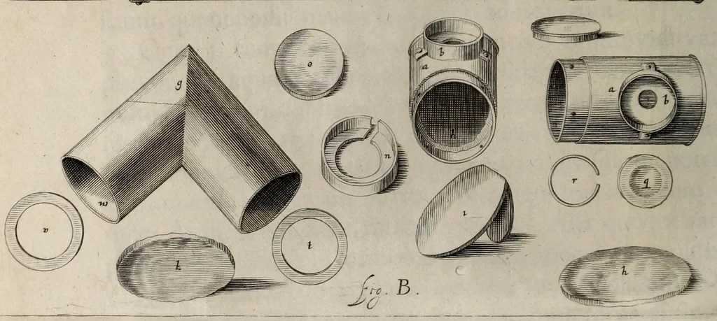 An illustration from Johannis Hevelii Selenographia, sive, Lunae descriptio : atque accurata, tam macularum ejus, quam motuum diversorum, aliarumque omnium vicissitudinum, phasiumque, telescopii ope deprehensarum, delineatio in quâ simul caeterorum omnium planetarum nativa facies, variaeque observationes, praesertim autem macularum solarium, atque jovialium, tubospicillo acquisitae, figuris accuratissimè aeri incisis, sub aspectum ponuntur : nec non quamplurimae astronomicae, opticae, physicaeque quaestiones proponuntur atque resolvuntur : addita est, lentes expoliendi nova ratio : ut et telescopia diversa construendi, et experiendi, horumq; adminiculo, varias observationes coelestes, inprimis quidem eclipsium, cùm solarium, tum lunarium, exquisitè instituendi, itemq diametros stellarum veras, viâ infallibili, determinandi methodus : eoq; quicquid praeterea circa ejusmodi observationes animadverti debet, perspicuè explicatur. --, 1647, leaf 46