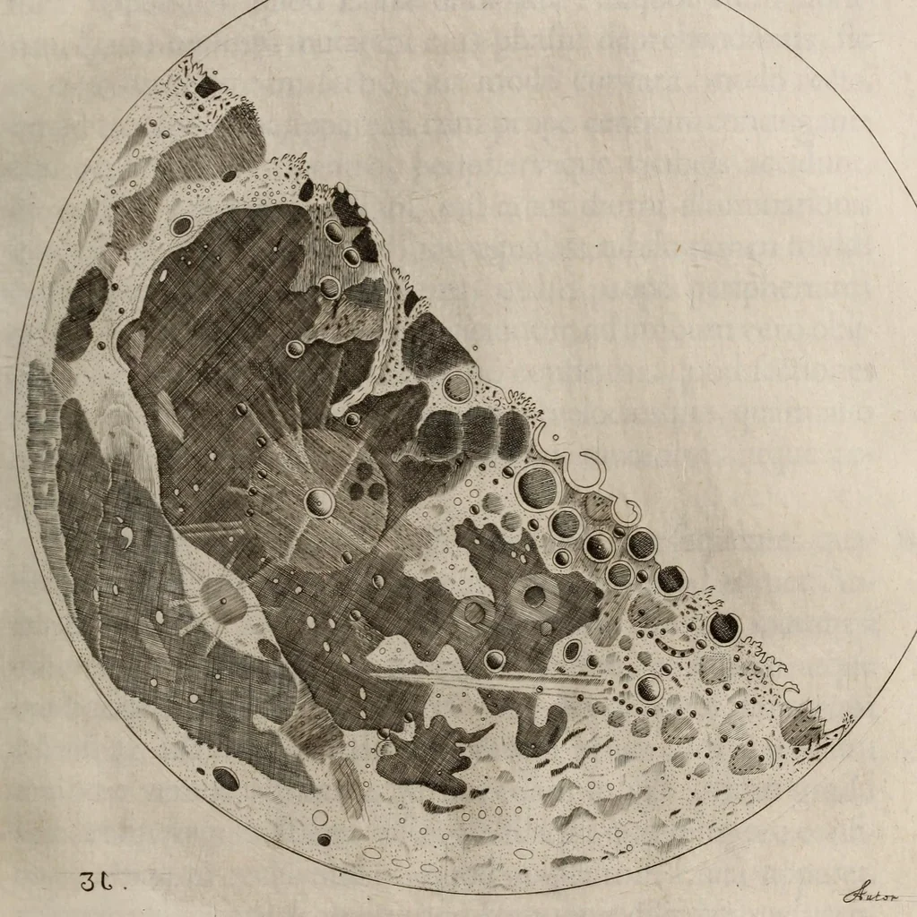 An illustration from Johannis Hevelii Selenographia, sive, Lunae descriptio : atque accurata, tam macularum ejus, quam motuum diversorum, aliarumque omnium vicissitudinum, phasiumque, telescopii ope deprehensarum, delineatio in quâ simul caeterorum omnium planetarum nativa facies, variaeque observationes, praesertim autem macularum solarium, atque jovialium, tubospicillo acquisitae, figuris accuratissimè aeri incisis, sub aspectum ponuntur : nec non quamplurimae astronomicae, opticae, physicaeque quaestiones proponuntur atque resolvuntur : addita est, lentes expoliendi nova ratio : ut et telescopia diversa construendi, et experiendi, horumq; adminiculo, varias observationes coelestes, inprimis quidem eclipsium, cùm solarium, tum lunarium, exquisitè instituendi, itemq diametros stellarum veras, viâ infallibili, determinandi methodus : eoq; quicquid praeterea circa ejusmodi observationes animadverti debet, perspicuè explicatur. --, 1647, leaf 507