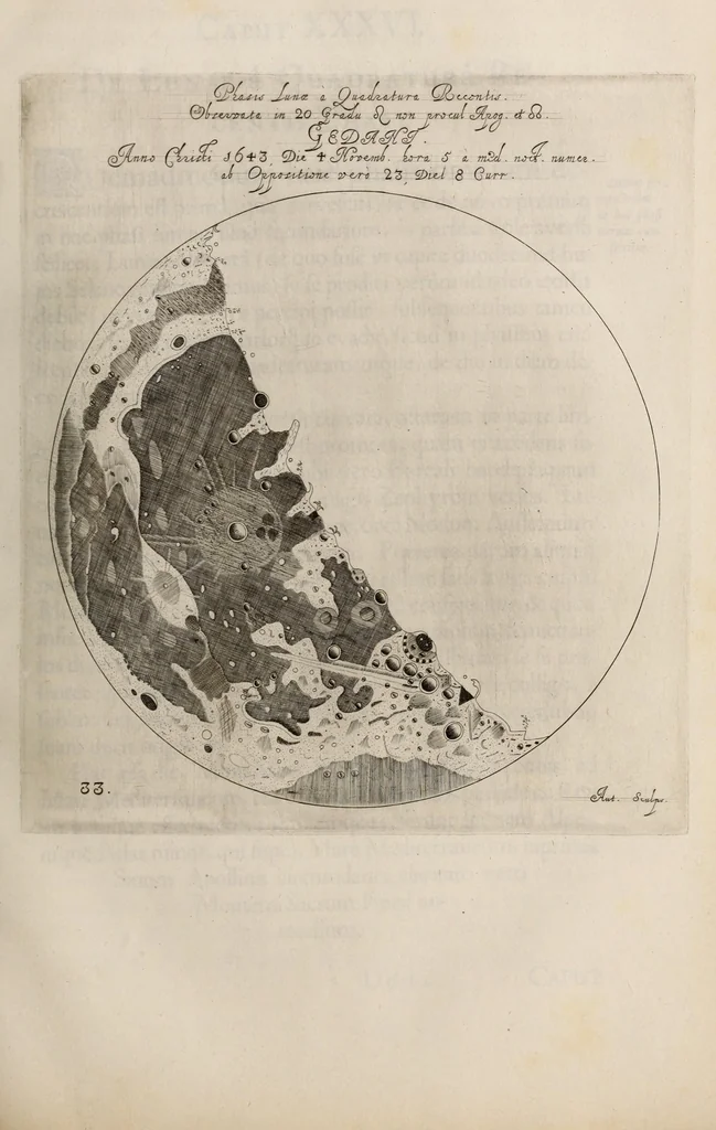 An illustration from Johannis Hevelii Selenographia, sive, Lunae descriptio : atque accurata, tam macularum ejus, quam motuum diversorum, aliarumque omnium vicissitudinum, phasiumque, telescopii ope deprehensarum, delineatio in quâ simul caeterorum omnium planetarum nativa facies, variaeque observationes, praesertim autem macularum solarium, atque jovialium, tubospicillo acquisitae, figuris accuratissimè aeri incisis, sub aspectum ponuntur : nec non quamplurimae astronomicae, opticae, physicaeque quaestiones proponuntur atque resolvuntur : addita est, lentes expoliendi nova ratio : ut et telescopia diversa construendi, et experiendi, horumq; adminiculo, varias observationes coelestes, inprimis quidem eclipsium, cùm solarium, tum lunarium, exquisitè instituendi, itemq diametros stellarum veras, viâ infallibili, determinandi methodus : eoq; quicquid praeterea circa ejusmodi observationes animadverti debet, perspicuè explicatur. --, 1647, leaf 515