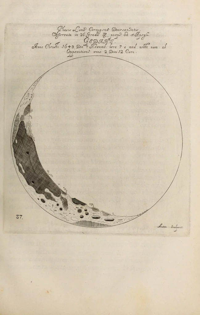 An illustration from Johannis Hevelii Selenographia, sive, Lunae descriptio : atque accurata, tam macularum ejus, quam motuum diversorum, aliarumque omnium vicissitudinum, phasiumque, telescopii ope deprehensarum, delineatio in quâ simul caeterorum omnium planetarum nativa facies, variaeque observationes, praesertim autem macularum solarium, atque jovialium, tubospicillo acquisitae, figuris accuratissimè aeri incisis, sub aspectum ponuntur : nec non quamplurimae astronomicae, opticae, physicaeque quaestiones proponuntur atque resolvuntur : addita est, lentes expoliendi nova ratio : ut et telescopia diversa construendi, et experiendi, horumq; adminiculo, varias observationes coelestes, inprimis quidem eclipsium, cùm solarium, tum lunarium, exquisitè instituendi, itemq diametros stellarum veras, viâ infallibili, determinandi methodus : eoq; quicquid praeterea circa ejusmodi observationes animadverti debet, perspicuè explicatur. --, 1647, leaf 531