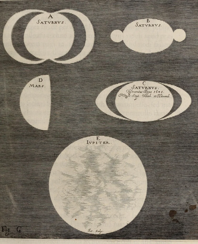 An illustration from Johannis Hevelii Selenographia, sive, Lunae descriptio : atque accurata, tam macularum ejus, quam motuum diversorum, aliarumque omnium vicissitudinum, phasiumque, telescopii ope deprehensarum, delineatio in quâ simul caeterorum omnium planetarum nativa facies, variaeque observationes, praesertim autem macularum solarium, atque jovialium, tubospicillo acquisitae, figuris accuratissimè aeri incisis, sub aspectum ponuntur : nec non quamplurimae astronomicae, opticae, physicaeque quaestiones proponuntur atque resolvuntur : addita est, lentes expoliendi nova ratio : ut et telescopia diversa construendi, et experiendi, horumq; adminiculo, varias observationes coelestes, inprimis quidem eclipsium, cùm solarium, tum lunarium, exquisitè instituendi, itemq diametros stellarum veras, viâ infallibili, determinandi methodus : eoq; quicquid praeterea circa ejusmodi observationes animadverti debet, perspicuè explicatur. --, 1647, leaf 89