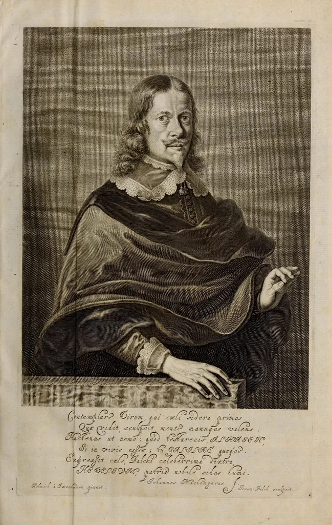 An illustration from Johannis Hevelii Selenographia, sive, Lunae descriptio : atque accurata, tam macularum ejus, quam motuum diversorum, aliarumque omnium vicissitudinum, phasiumque, telescopii ope deprehensarum, delineatio in quâ simul caeterorum omnium planetarum nativa facies, variaeque observationes, praesertim autem macularum solarium, atque jovialium, tubospicillo acquisitae, figuris accuratissimè aeri incisis, sub aspectum ponuntur : nec non quamplurimae astronomicae, opticae, physicaeque quaestiones proponuntur atque resolvuntur : addita est, lentes expoliendi nova ratio : ut et telescopia diversa construendi, et experiendi, horumq; adminiculo, varias observationes coelestes, inprimis quidem eclipsium, cùm solarium, tum lunarium, exquisitè instituendi, itemq diametros stellarum veras, viâ infallibili, determinandi methodus : eoq; quicquid praeterea circa ejusmodi observationes animadverti debet, perspicuè explicatur. --, 1647, leaf 9