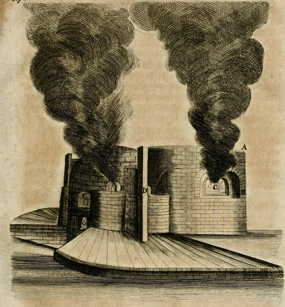 An illustration from Johannis Kunckelii, churfürstl. Brandenb. würcklich bestallt-geheimden Cammer-Dieners, Ars vitraria experimentalis, oder, Vollkommene Glasmacher-Kunst : lehrende, als in einem ... commentario über die ... sieben Bücher P. Anthonii Neri von Florenz, und denen ... Anmerckungen Christophori Merretti ... (so aus den Ital. und Latein. beyde mit Fleiss ins Hochdeutsche übersetzt) die allerkurtz bundigsten Manieren, das reineste Chrystall-Glas, alle gefärbte oder tingirte Gläser, künstliche Edelstein oder Flüsse ... zu machen ... : sampt einem II. Haupt-Thiel, so in drey unterschiedenen Bücher und mehr als 200 Experimenten bestehet, darinnen vom Glasmahlen, Vergulden und Brennen ... Türckisch Pappier, [et]c. ... und viel andere ungemeine Sachen zu machen, gelehret werden : mit einem Anhange von denen Perlen und fast allen natürlichen Edelsteinen .., 1679, leaf 104
