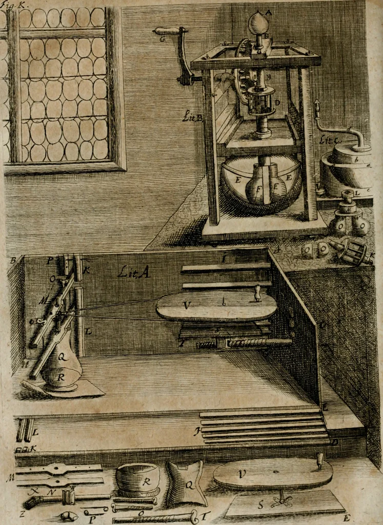 An illustration from Johannis Kunckelii, churfürstl. Brandenb. würcklich bestallt-geheimden Cammer-Dieners, Ars vitraria experimentalis, oder, Vollkommene Glasmacher-Kunst : lehrende, als in einem ... commentario über die ... sieben Bücher P. Anthonii Neri von Florenz, und denen ... Anmerckungen Christophori Merretti ... (so aus den Ital. und Latein. beyde mit Fleiss ins Hochdeutsche übersetzt) die allerkurtz bundigsten Manieren, das reineste Chrystall-Glas, alle gefärbte oder tingirte Gläser, künstliche Edelstein oder Flüsse ... zu machen ... : sampt einem II. Haupt-Thiel, so in drey unterschiedenen Bücher und mehr als 200 Experimenten bestehet, darinnen vom Glasmahlen, Vergulden und Brennen ... Türckisch Pappier, [et]c. ... und viel andere ungemeine Sachen zu machen, gelehret werden : mit einem Anhange von denen Perlen und fast allen natürlichen Edelsteinen .., 1679, leaf 241
